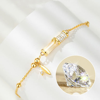 Mythstone 925 Sterling Silver 18K Gold Plated White Jade Bamboo Zircon Leaf Luck Bracelet