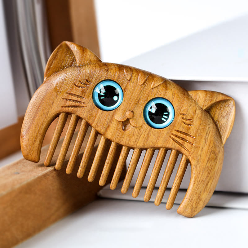 Mythstone Simple Cat Pattern Green Sandalwood Cure Portable Comb