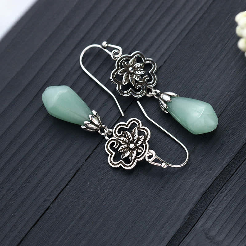 Mythstone Magnolia Flower Jade Water Drop Prosperity Dangle Earrings