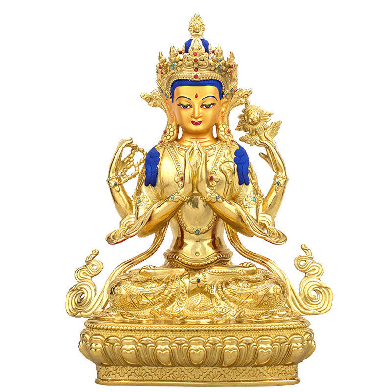 Mythstone Chenrezig Four-armed Avalokitesvara Protection Copper Gold Plated Statue Decoration