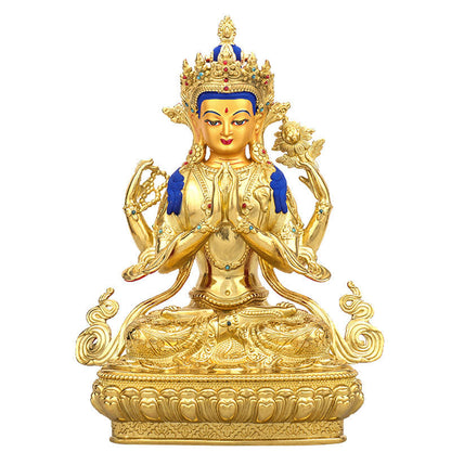 Mythstone Chenrezig Four-armed Avalokitesvara Protection Copper Gold Plated Statue Decoration