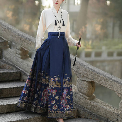 Mythstone Blue Phoenix Flowers Printed Chinese Hanfu Horse Face Skirt Mamianqun