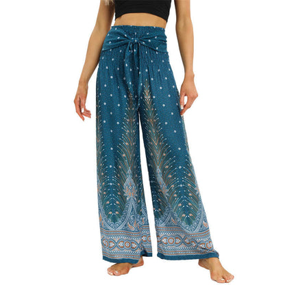 Mythstone Boho Peacock Feathers Lace-up Wide Leg Pants Women's Yoga Pants