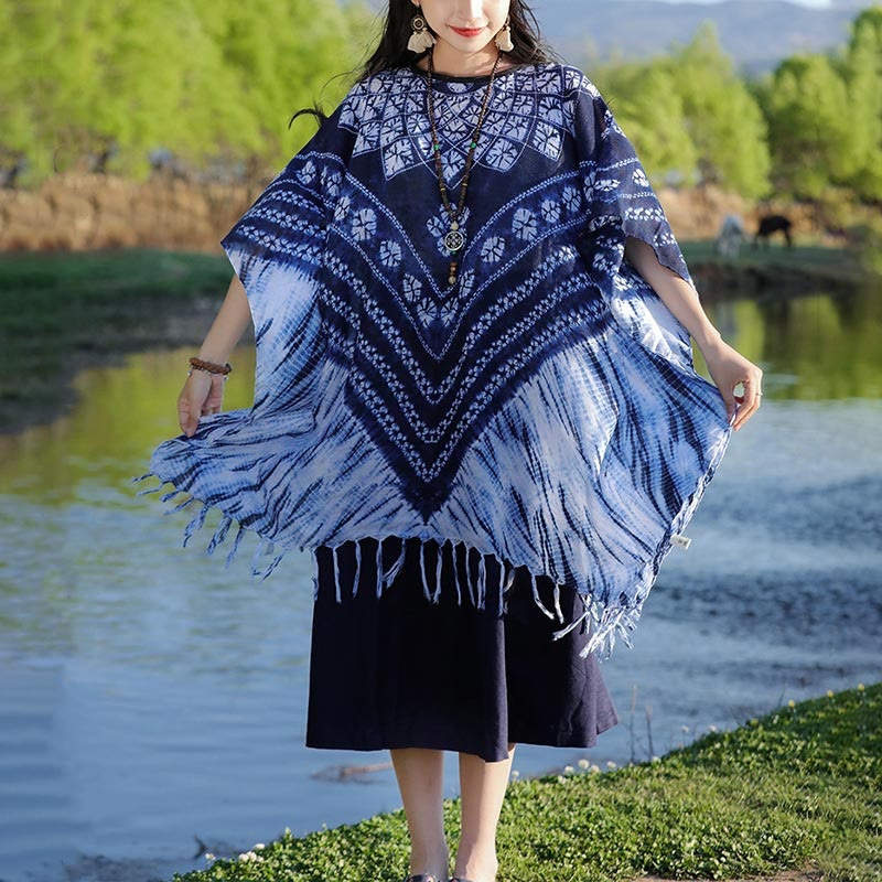 Mythstone Blue Striped Floral Indigo Dyeing Shawl Tassels Cozy Pullover 90*95cm