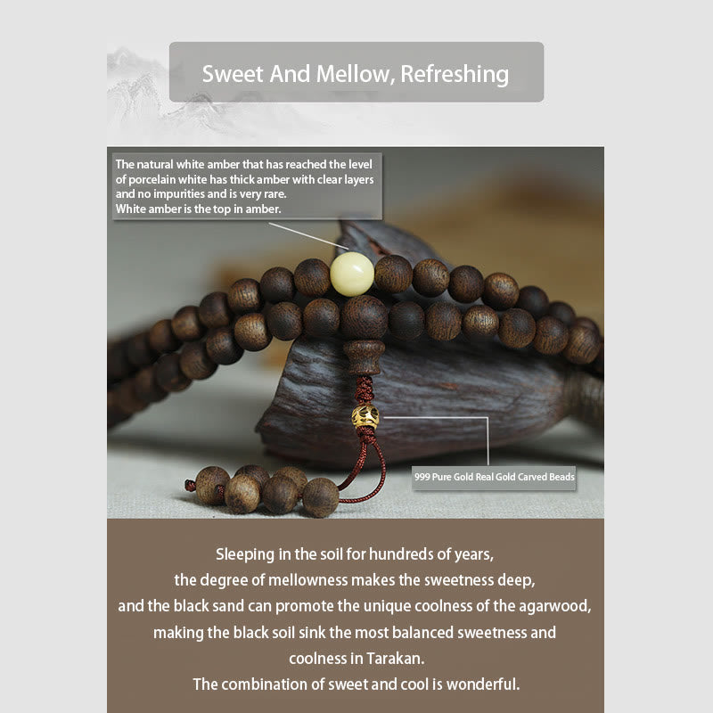 MythStone 999 Gold Tarakan 108 Mala Beads Agarwood Amber Ward Off Evil Spirits Bracelet