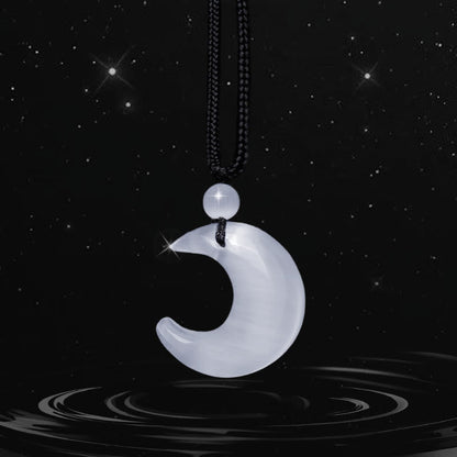 Mythstone Natural Silver Sheen Obsidian Selenite Crystal Crescent Moon Yin Yang Couple Protection Necklace Pendant