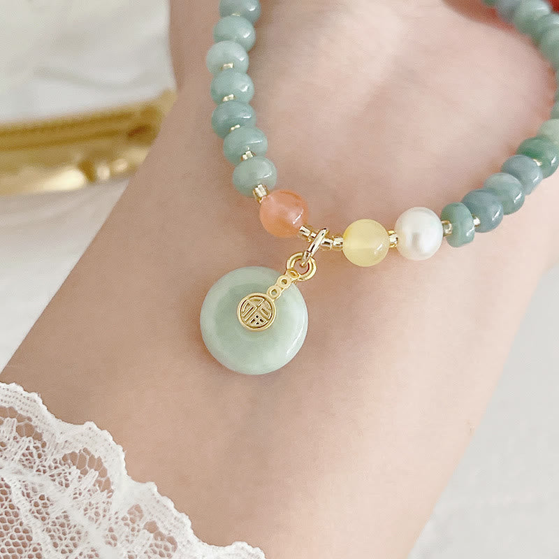 Mythstone Natural Hetian Jade Pearl Peace Buckle Fu Character Gourd Money Bag Strawberry Quartz PiXiu Luck Bracelet