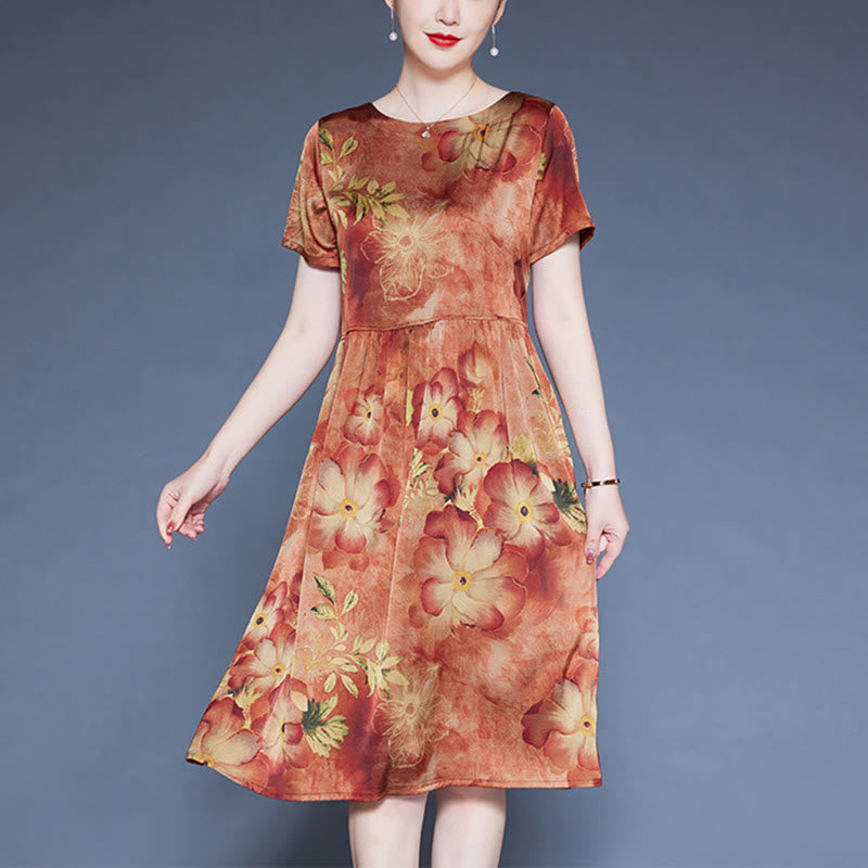 Mythstone Flowers Leaves Short Sleeve Midi Dress With Pockets