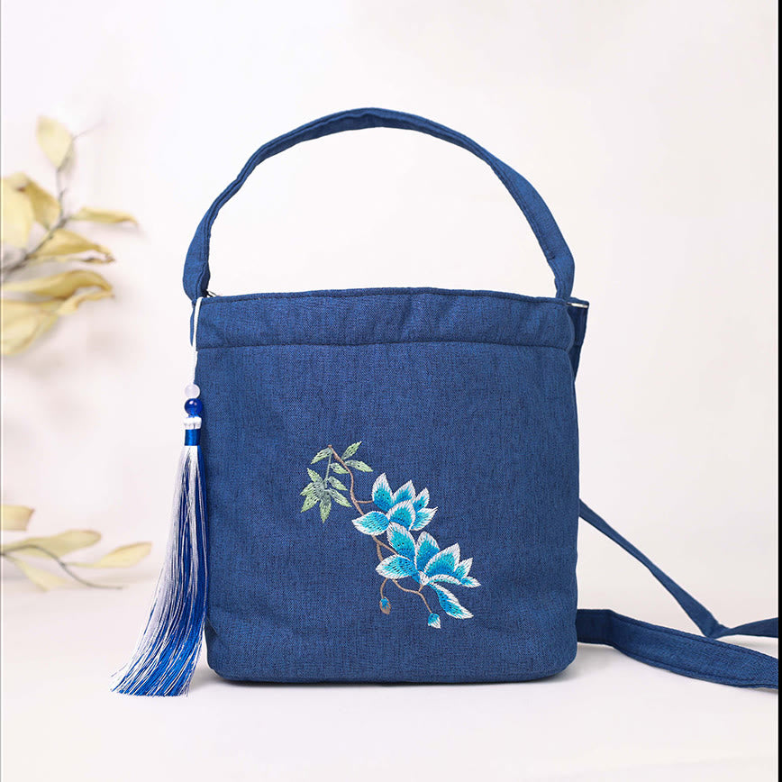 Mythstone Embroidery Wisteria Plum Lotus Cherry Blossom Cotton Linen Canvas Tote Crossbody Bag Shoulder Bag Handbag