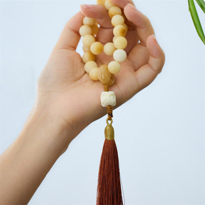 Mythstone Natural Bodhi Seed Ivory Fruit Dancing Lion Charm Harmony Tassel Wrist Mala