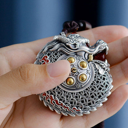 Mythstone 999 Sterling Silver Year of the Dragon Rotatable Ball Five Elements Copper Coin Strength Hanging Decoration