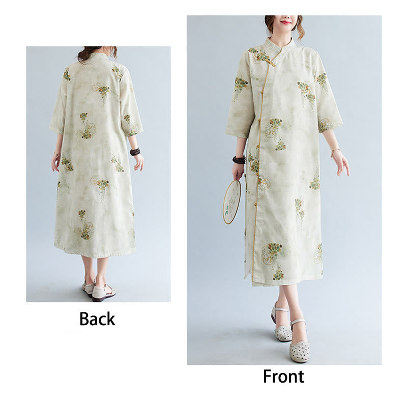 Mythstone Flowers Green Yellow Leaves Print Cheongsam Midi Dress Three Quarter Sleeve Dress With Pockets