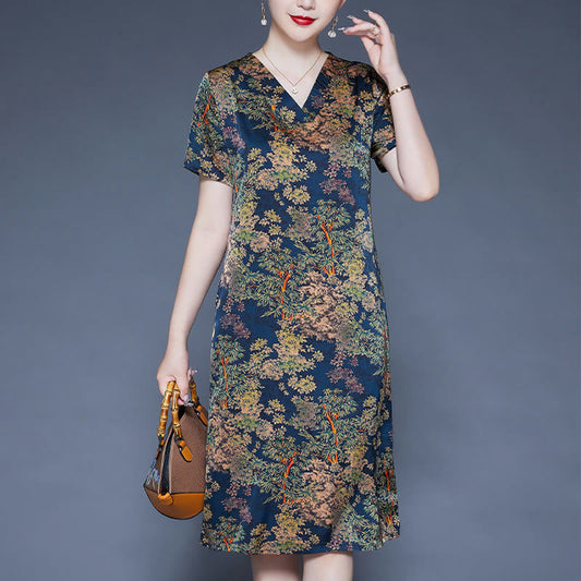 Mythstone V-Neck Tree Leaves Short Sleeve Midi Dress With Pockets