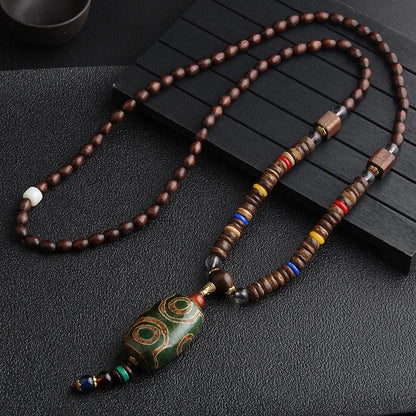 Mythstone Turquoise Dzi Bead Prayer Wheel Wenge Wood Meditation Necklace