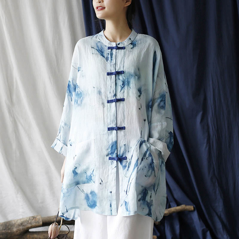 Mythstone Blue White Ink Printing Frog-button Design Long Sleeve Ramie Linen Jacket Shirt With Pockets