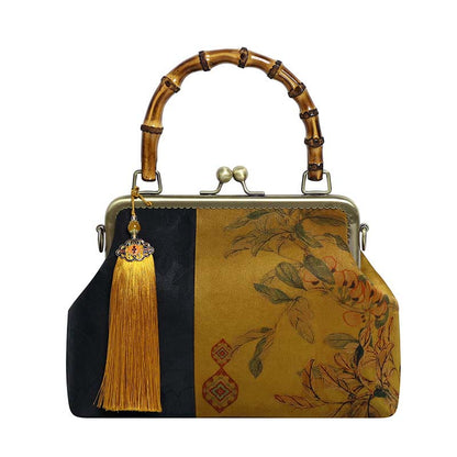 Mythstone Leaves Bird Branches Persimmon Flowers Bamboo Handles Handbag