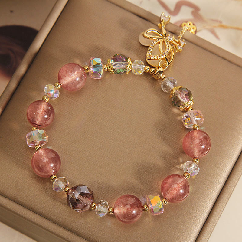 Mythstone Natural Strawberry Quartz Healing Positive Butterfly Charm Bracelet