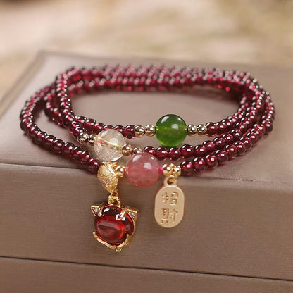 MythStone Natural Garnet Strawberry Quartz Crystal Fox Koi Fish Peace Buckle Fortune Protection Triple Wrap Bracelet