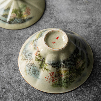 Mythstone Pine Mountain Forest Landscape Ceramic Gaiwan Sancai Teacup Kung Fu Tea Cup And Saucer With Lid