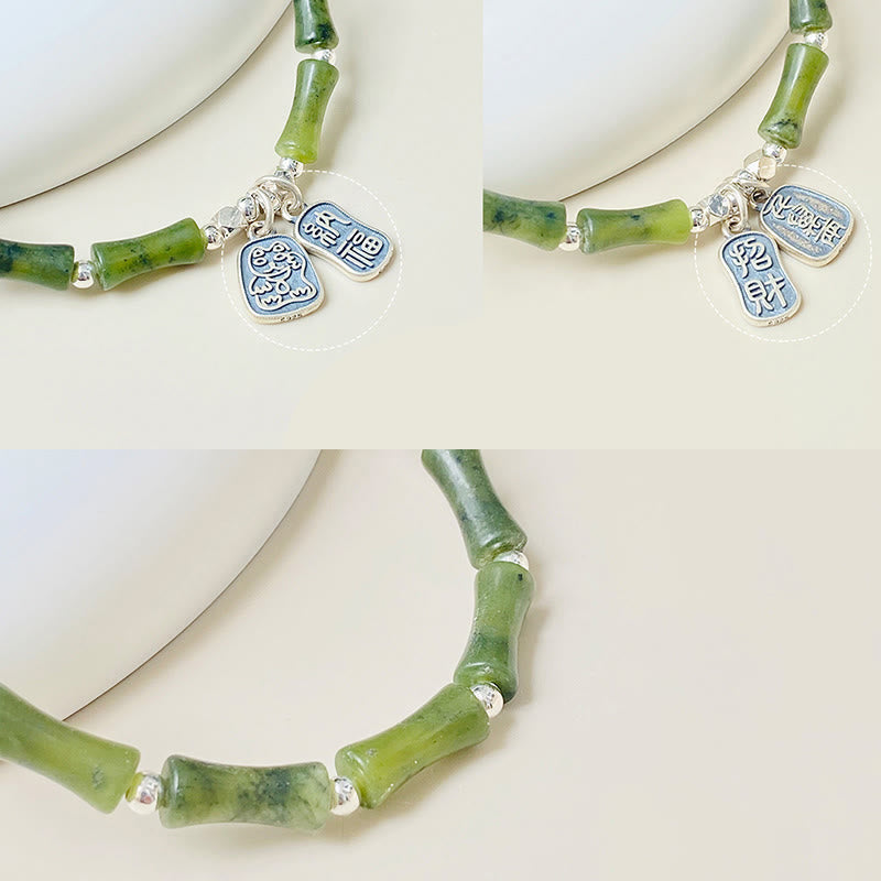 Mythstone 925 Sterling Silver Bamboo Jade Lucky Cat Fu Character Luck Abundance Bracelet