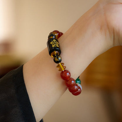 Pulsera de la sabiduría y la riqueza con ágata roja y ónix negro de cinco elementos Mythstone