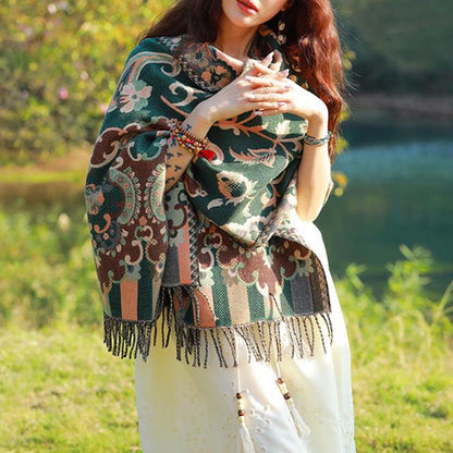 Mythstone Tibetan Flowers Leaves Branch Design Tassel Shawl Cozy Travel Scarf Wrap