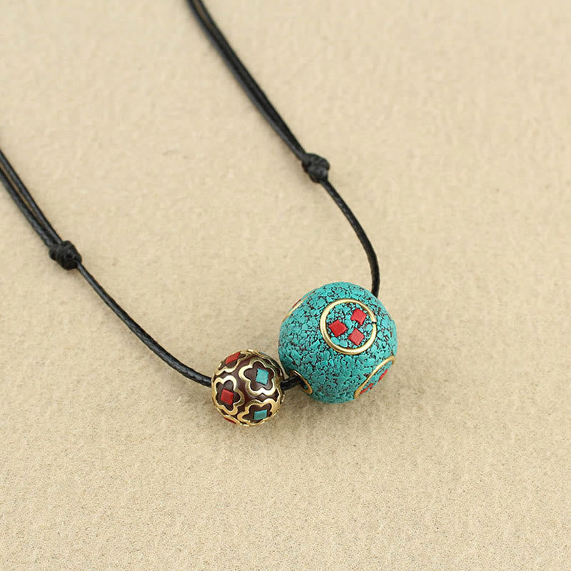 Mythstone Tibetan Turquoise Double Bead Protection Strength Necklace Pendant