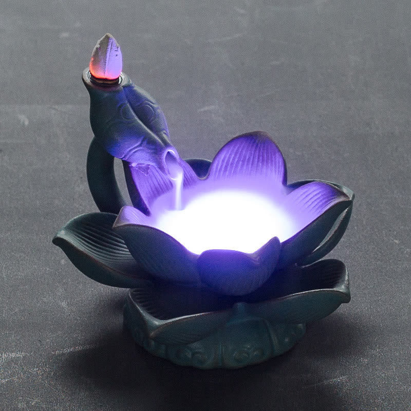 Mythstone Lotus Flower Leaf Frog Butterfly Pattern Healing Ceramic Incense Burner Decoration