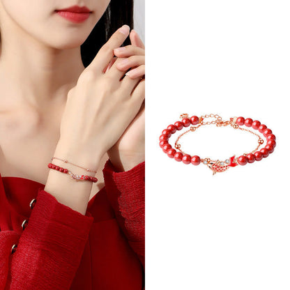 Mythstone 925 Sterling Silver Lucky Koi Fish Cinnabar Zircon Prosperity Double Layer Chain Bracelet