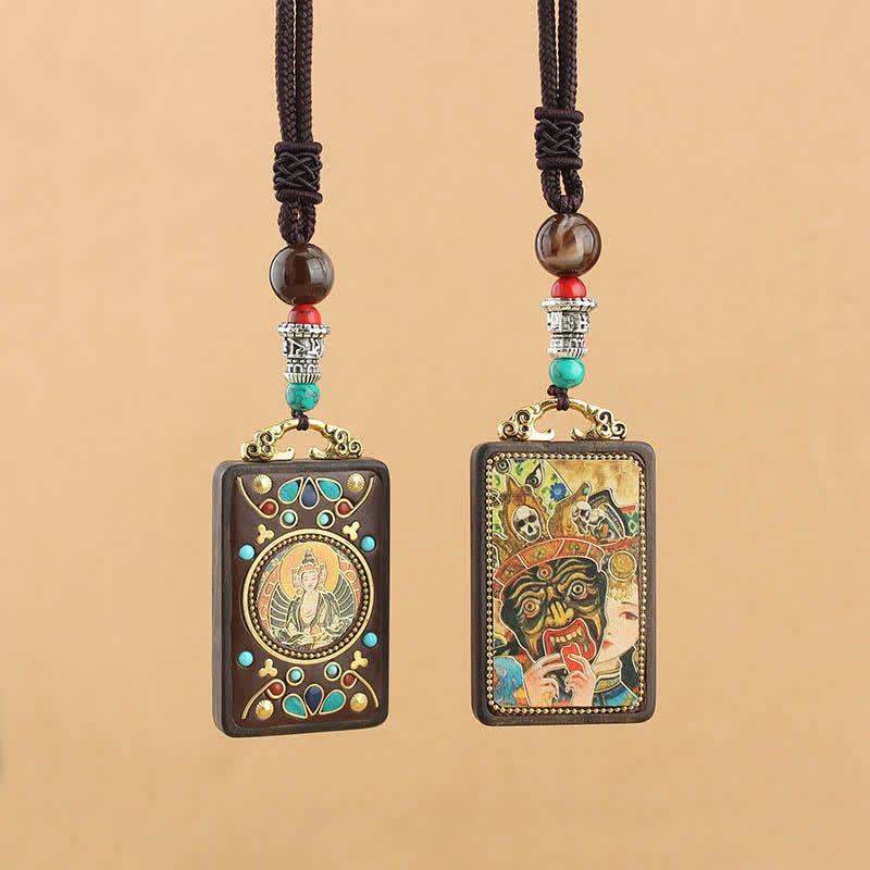 Colgante de collar de ébano con la paz y el dios de la riqueza del Thangka del Tíbet de Mythstone 