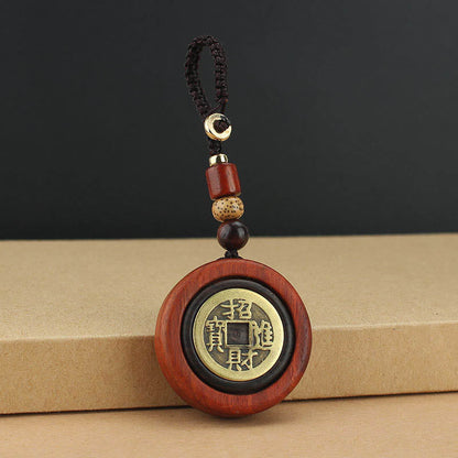 Llavero de madera de ébano y sándalo rojo con moneda de cobre Mythstone que atrae la riqueza 