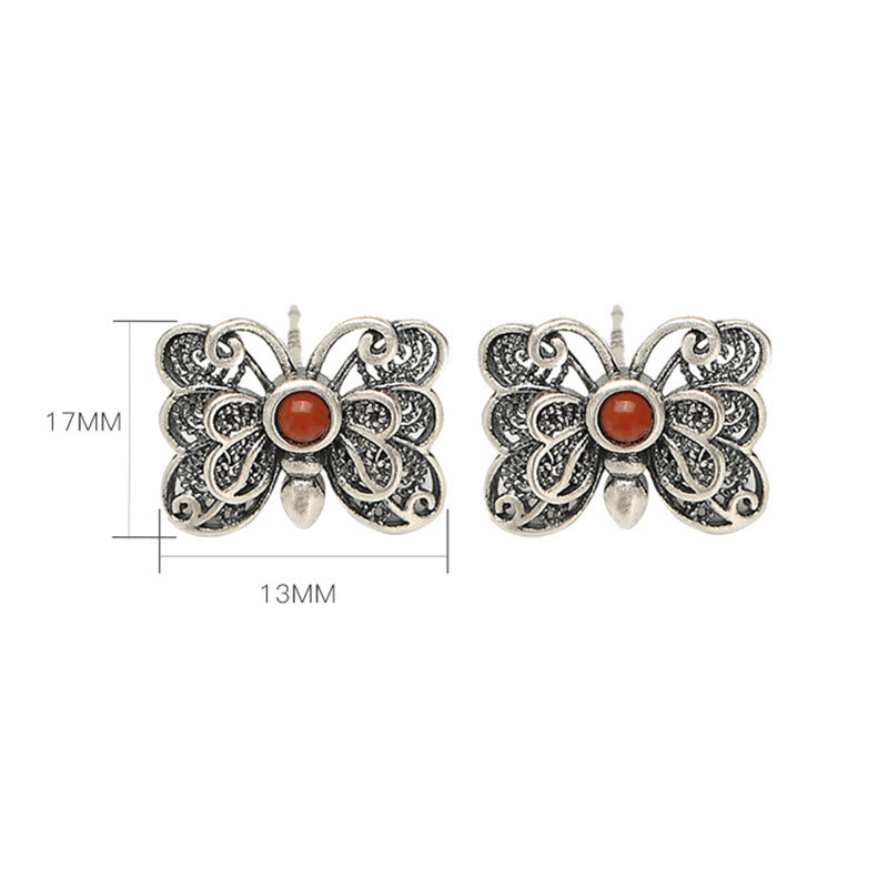 Mythstone 925 Sterling Silver Red Agate Butterfly Self-acceptance Ring Earrings Set