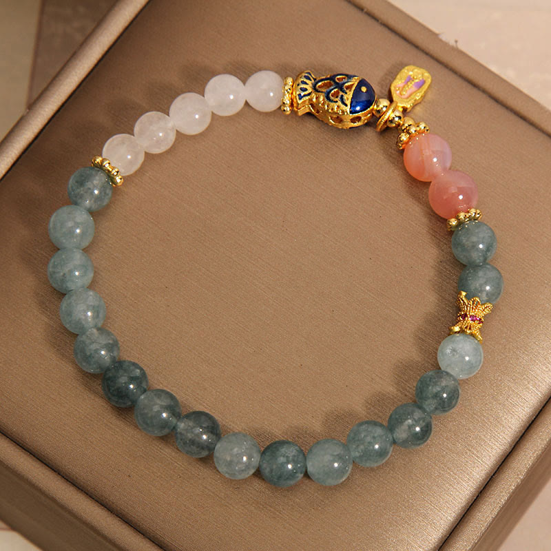 Mythstone Jade Yanyuan Agate White Jade Koi Fish Scripture Charm Luck Bracelet