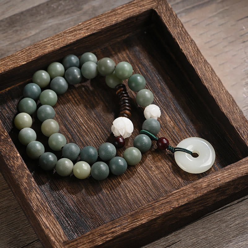 Pulsera de doble vuelta con hebilla de paz y sabiduría, semilla de bodhi, loto y jade cian