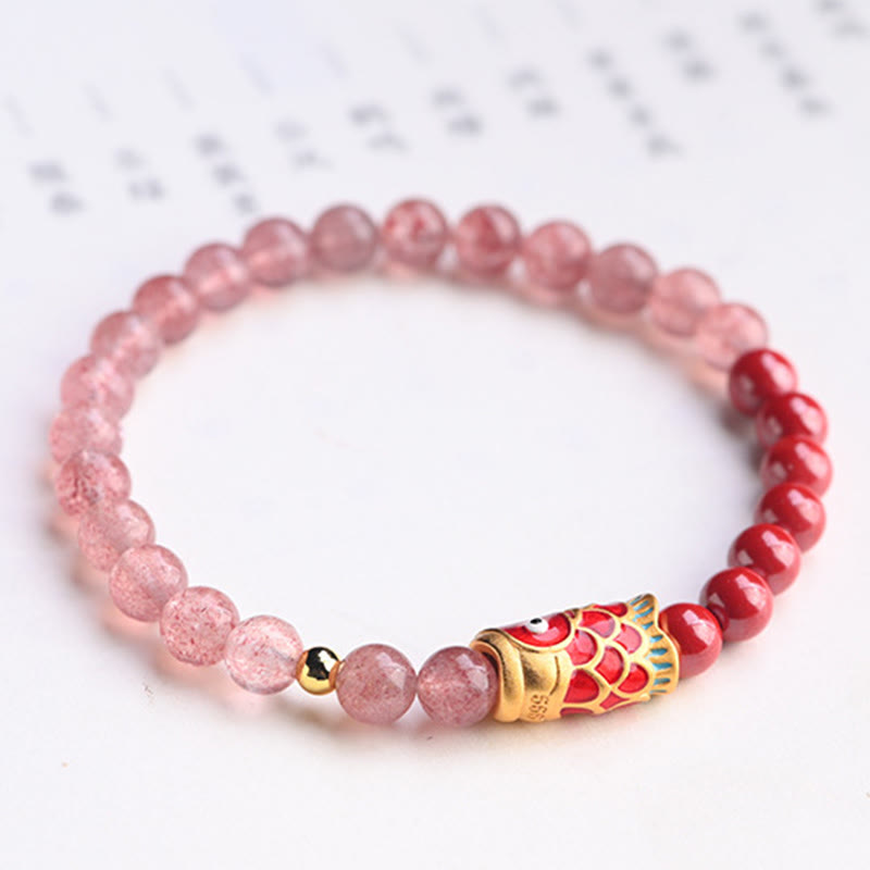 Pulsera curativa de pez koi de la suerte con cuarzo fresa natural Mythstone y cinabrio