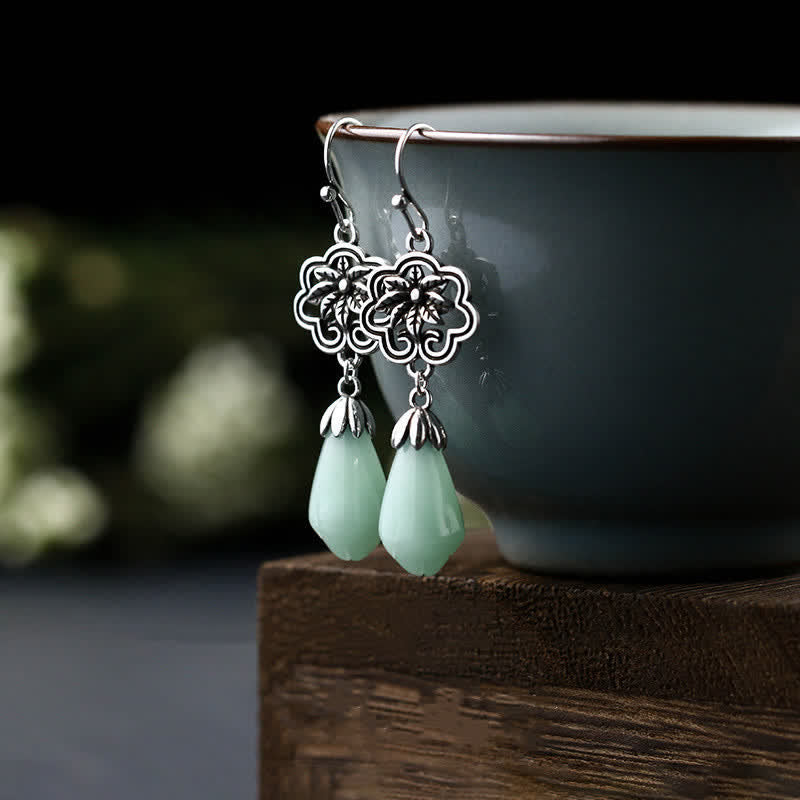 Mythstone Magnolia Flower Jade Water Drop Prosperity Dangle Earrings