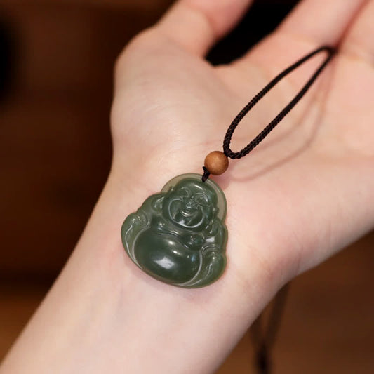 Mythstone Laughing Buddha Hetian Jade Healing Calm Necklace String Pendant