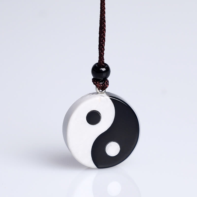 Mythstone Natural Black Obsidian White Turquoise Yin Yang Fulfilment Strength Necklace Pendant