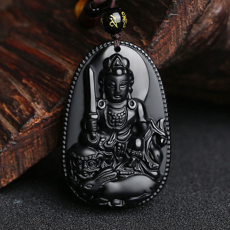 Colgante de obsidiana negra natural con diseño de Buda natal del zodíaco chino Mythstone