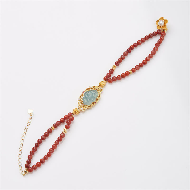 Pulsera de doble capa con ágata roja natural, jade y loto bañada en oro y plata de ley 925 de Mythstone 