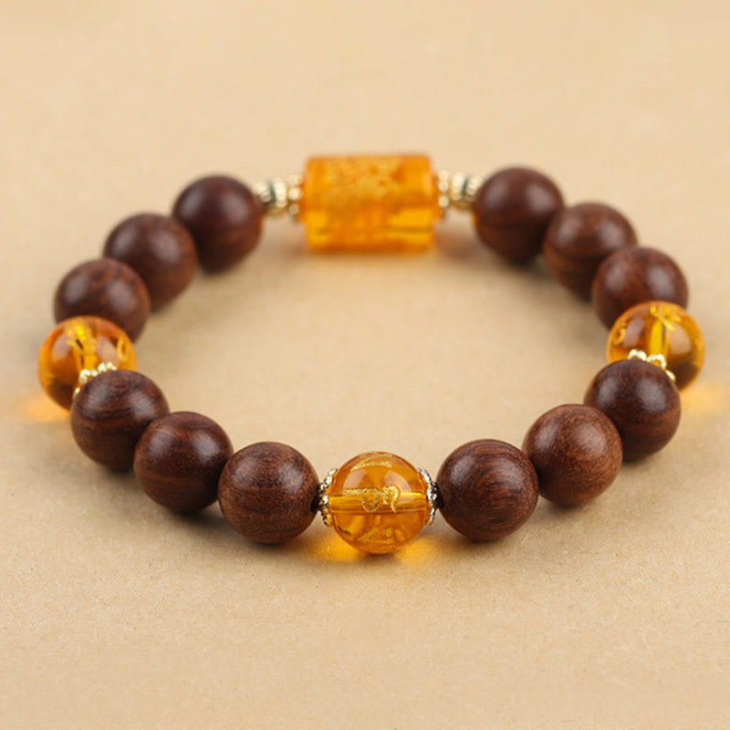 Mythstone Natural Phoebe Zhennan Wood Om Mani Padme Hum God Of Wealth Crystal Protection Bracelet