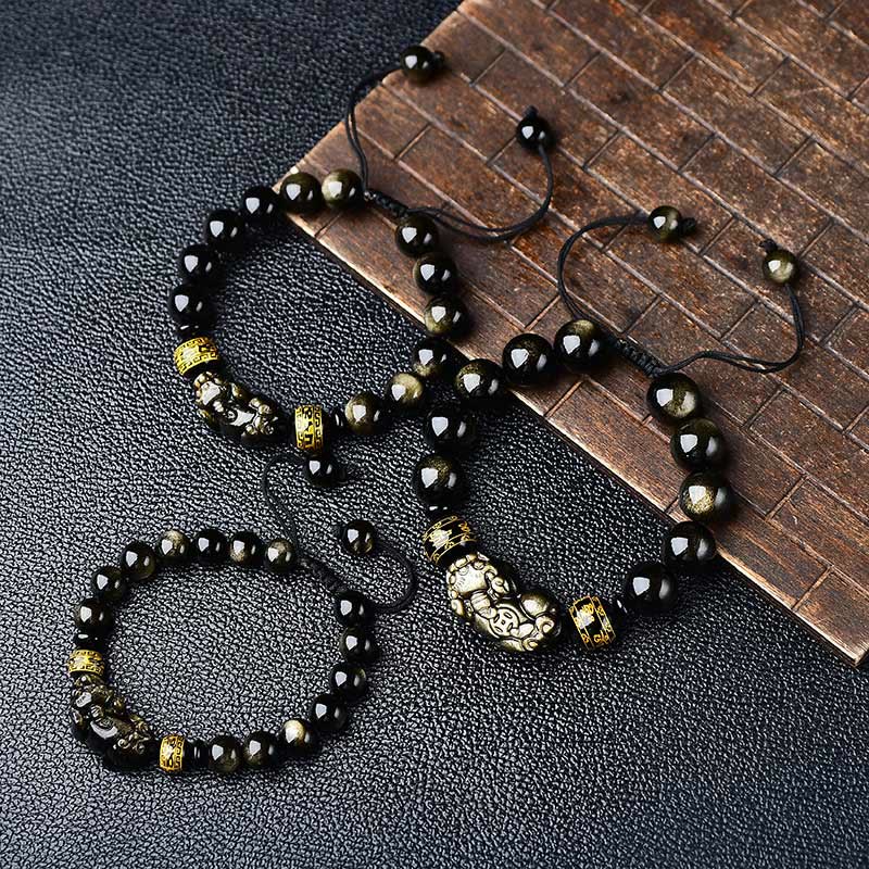 Mythstone Natural Gold Sheen Obsidian PiXiu Om Mani Padme Hum Wealth Braided Bracelet