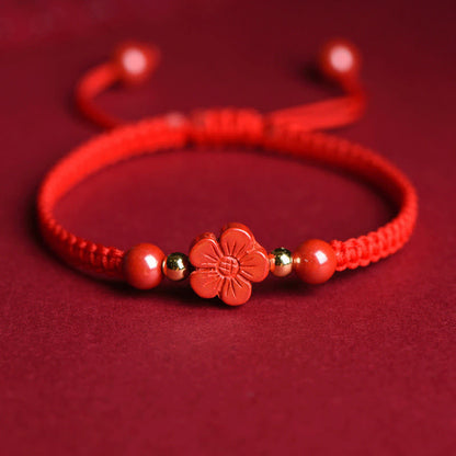 Mythstone Four Leaf Clover Five-petal Flower Cinnabar Blessing Red String Bracelet