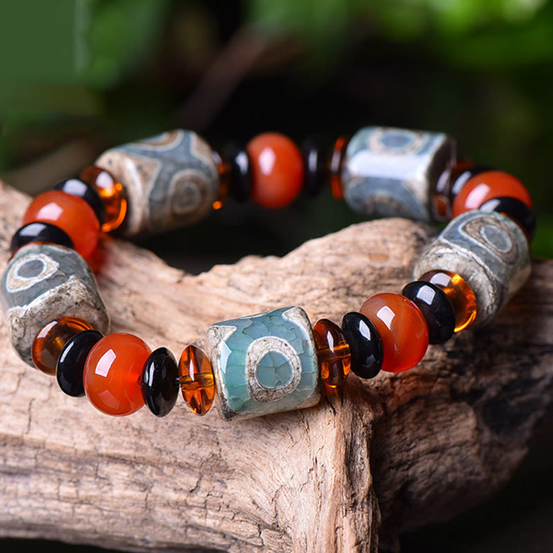 Mythstone Tibetan Three-eyed Dzi Bead Agate Protection Happiness Bracelet