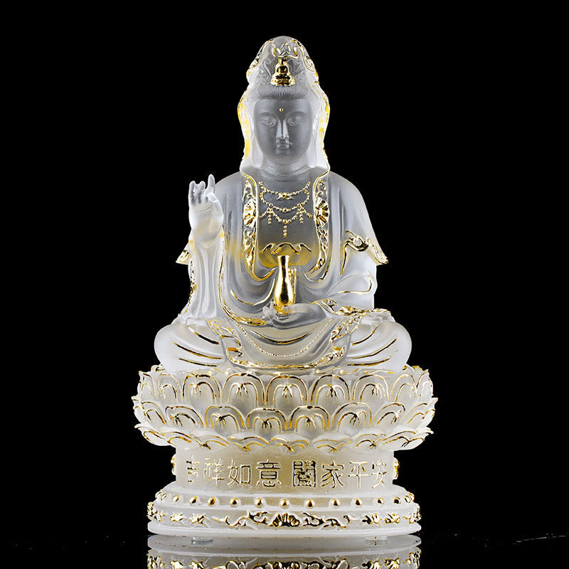 Figura de Avalokitesvara Kwan Yin de Mythstone hecha a mano, pieza de arte de cristal de Liuli, estatua de riqueza, ofrenda para el hogar, decoración