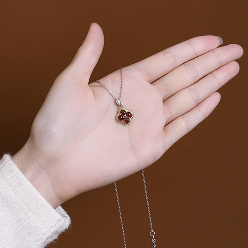 Mythstone 925 Sterling Silver Natural Garnet Four-leaf Clover Protection Necklace Pendant Ring