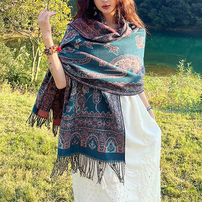 Mythstone Vintage Tibetan Leaves Pattern Design Shawl Cozy Travel Scarf Wrap