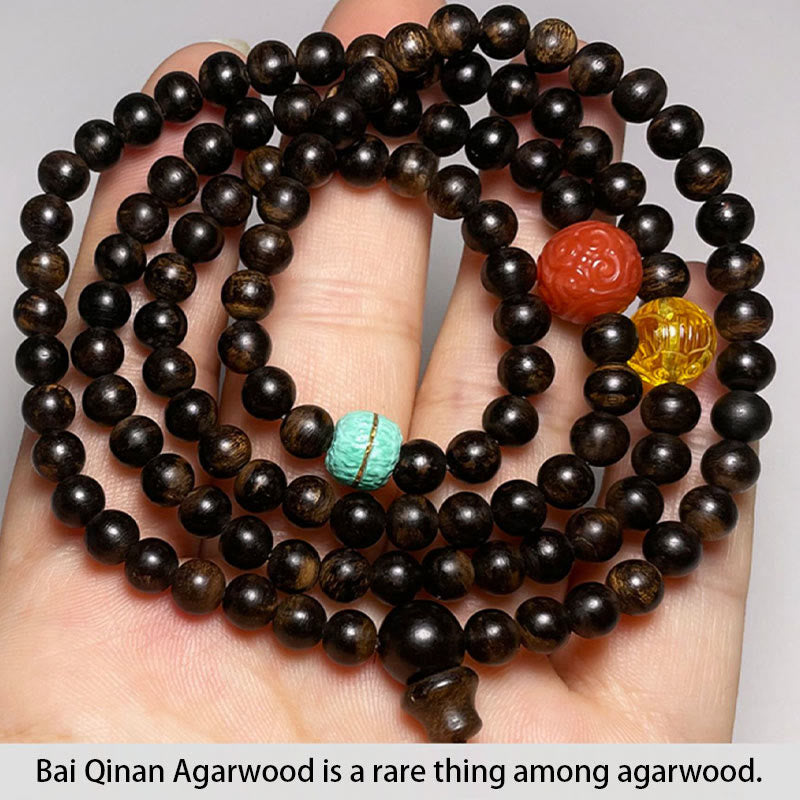 Mythstone Nha Trang Bai Qinan Agarwood Turquoise Amber Red Agate Strength Meditation Bracelet