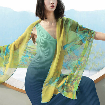 Mythstone A Panorama of Rivers and Mountains 100% Mulberry Silk Scarf Premium Grade 6A Silk Shawl