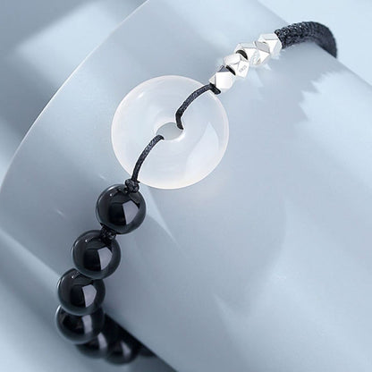 Mythstone 925 Sterling Silver Black Obsidian Agate Peace Buckle Strength Bracelet